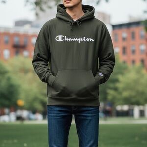 Champion Fleece Lined Hoodie Olive Green Size Small